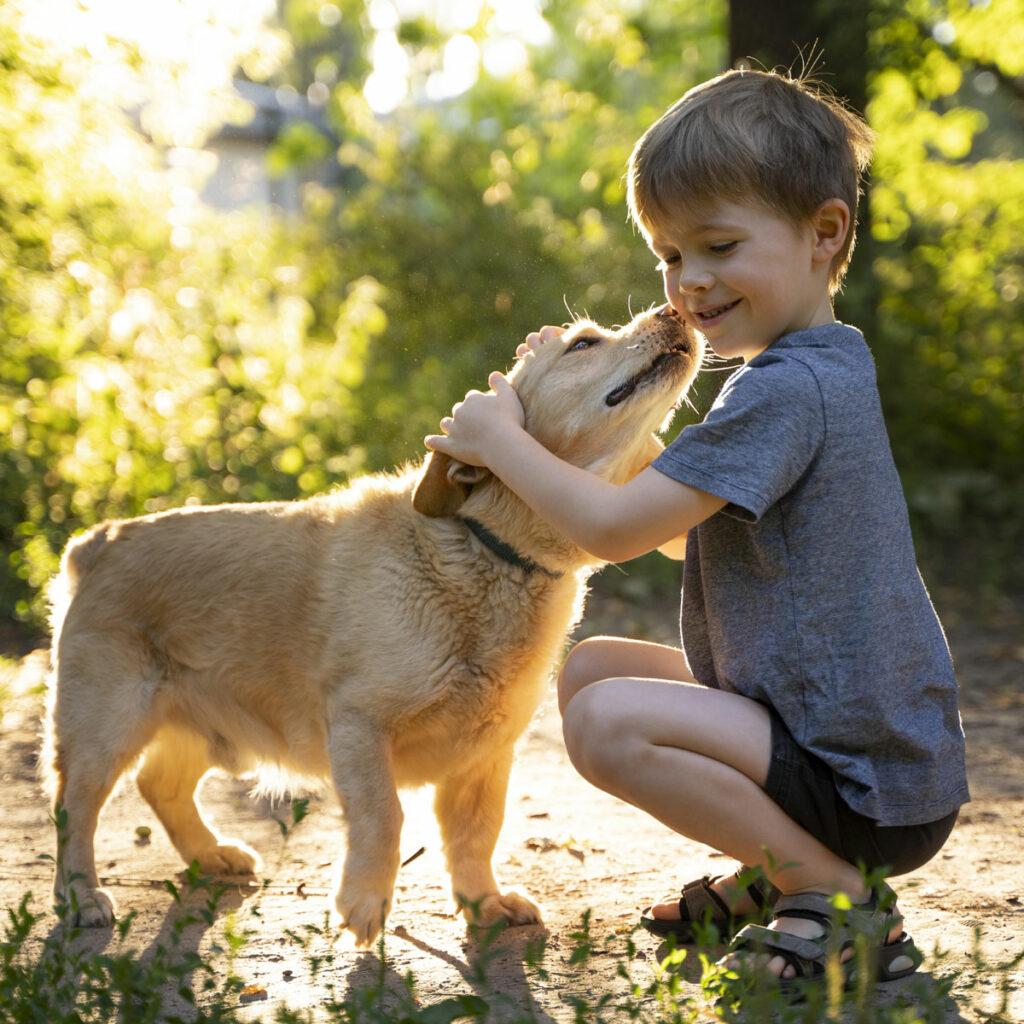 Junge schmust mit Hund und freut sich