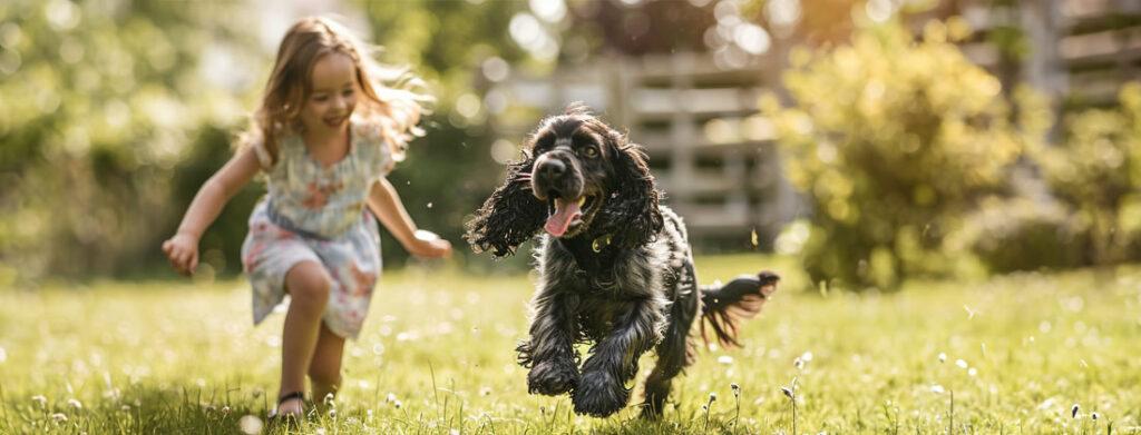 Schwarz-grauer Familienhund Cocker Spaniel spielt mit Mädchen im Garten